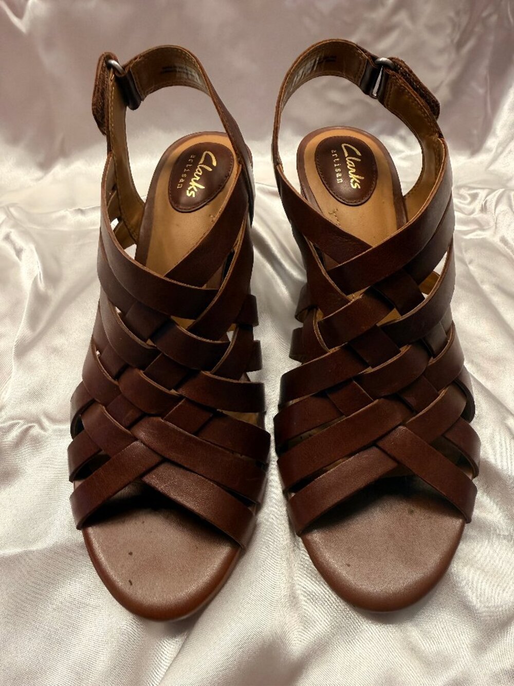 Clarks Artisan Brown Leather Woven Block Heel Sandals Size 9